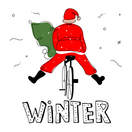 Merry Christmas postcard with quote lettering WINTER and cute Santa Claus on bicycle. The vector illustration xmas postcard in hand drawn art style for Happy New Year.のイラスト素材