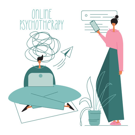 This is vector illustration with Man patient with laptop in online psychotherapy session. The doctor help to cope with stress, sadness and nervous problem. The vector illustration for medical poster, web banner and other social projact. Was made in hand drawn art style.のイラスト素材