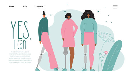Web landing pag with sports women birth anomaly, has bionic leg, titanium foot, implant or prosthesis. Vector illustration with phrase YES, I CAN.のイラスト素材