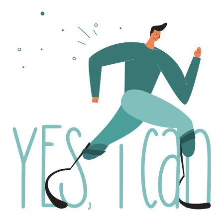 Sports man birth anomaly and has bionic leg, titanium foot, implant or prosthesis. Vector illustration with phrase YES, I CAN.のイラスト素材