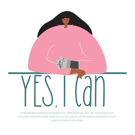 Vector illustration with women with disability has bionic hand, titanium arm, implant or prosthesis. Phrase YES, I CAN. Illustration use for world disability day.のイラスト素材