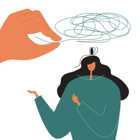 Woman patient in online psychotherapy session. The doctors hand help to cope with stress, sadness and nervous problem. The vector illustration for medical poster, web banner and other social projact.のイラスト素材