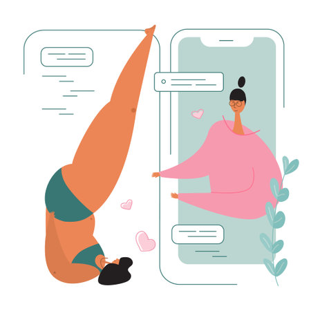 Online meeting with fitness trainer and body positive woman do shoulderstend pose. Vector Illustration with curvy woman do YOGA. PLUS size woman, fat girl is NORMAL.のイラスト素材