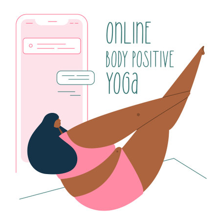 Online body positive YOGA. The fat girl or curvy woman do exercise, boat pose. PLUS size women is NORMAL. The vector illustratin can be used for app or self care social web projact.のイラスト素材
