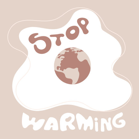 Vector illustration with lettering STOP WARMING and fry egg. Climate change SAVE EARTH NOW. Urban city production electricity and emissions co2 or carbon footprint.のイラスト素材