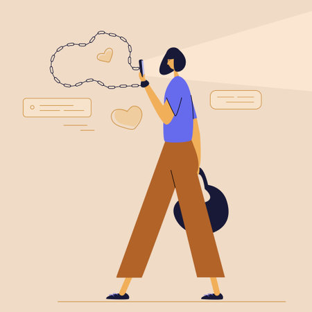 Vector with fashionable woman walk and look in smartphone and chatting in virtual social network. She has addiction, bad habit. People connection a chain with device, online game. SAVE YOURSELF. This is illustration was made in hand drawn artのイラスト素材