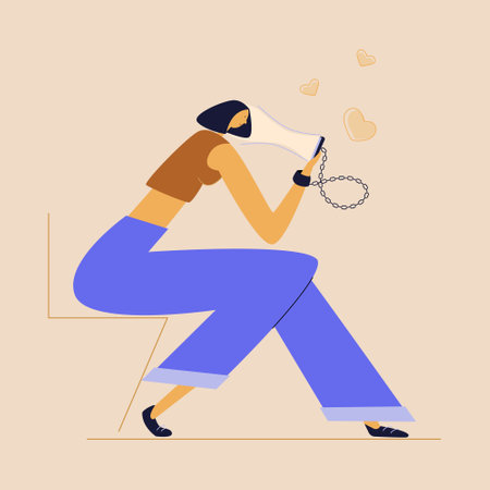 Vector with woman looking in smartphone and chatting in virtual social network. She has addiction, bad habit. People connection a chain with device, online game. SAVE YOURSELF. This illustration was made in hand drawn art.のイラスト素材