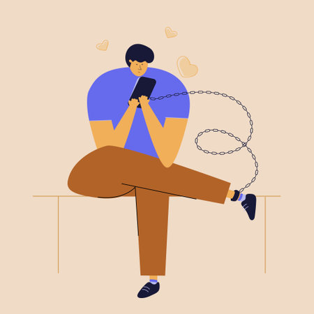 Vector with man look in mobile phone, play games or chatting in virtual social network. He has addiction, bad habit. People connection a chain with device, online game. SAVE YOURSELF, will be freedom. This illustration was made in hand drawn art.のイラスト素材
