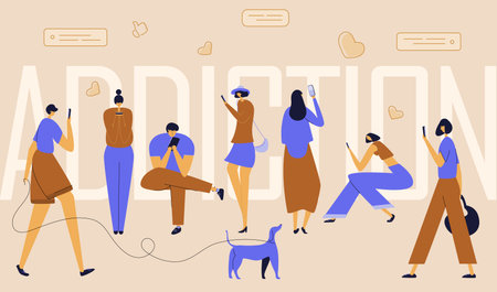 Vector with mans and women have got phone addiction, FOMO, device bad habit. They walk to the road and looks in smartphone, chatting in virtual social network or play a game. SAVE YOURSELF, will be free. This is vector illustration was made in hand drawn art.のイラスト素材