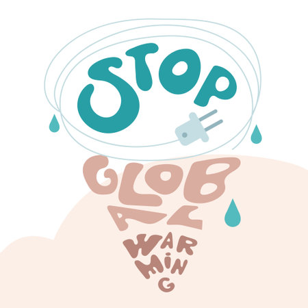 Concept with ice cream shape lettering STOP GLOBAL WARMING. climate change animals die out. SAVE EARTH NOW. Vector illustration, urban city emissions co2 or carbon footprint. This illustration was made in hand drawn art.のイラスト素材