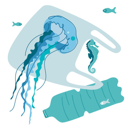 Vector illustration with dirty ocean environment, animals, fish, jellyfish, sea horse swim with trash, plastic bottle, plastic bag. Vector illustration of climate change, SAVE EARTH NOW. People pollute the planet. This is vector illustration was made in hand drawn art.のイラスト素材
