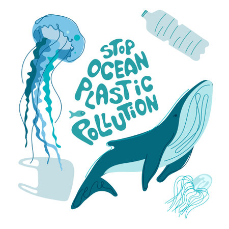 The ocean animals jellyfish, whale swim with trash, plastic bag, plastic bottle. Vector illustration with lettering STOP OCEAN PLASÐ¢IC POLLUTION. Climate change, SAVE EARTH NOW. People pollutes the planet.のイラスト素材