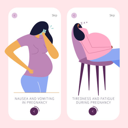 The app design with pregnancy symptoms. New mom has got nausea, vomit, tiredness, apathy and lethargy. Pregnant women has big belly and often has discomfort, heaviness and uncomfortably.のイラスト素材