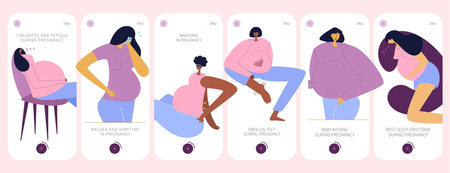 The app design with pregnancy women. New mom has got often discomfort, nausea, vomit, back pain, swollen feet, lethargy and tiredness. Baby move and kicking in belly. Best sleep positions during pregnancy.のイラスト素材