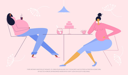The pregnant women couple, frends relax in caffe. The have got INCREASED APPETITE DURING PREGNANCY. New mom hungry, has discomfort, distress during pregnancy.のイラスト素材