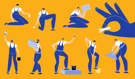The set with mans, builders, engineers in jumpsuit and helmet. They strong man to do hard work. Good for print poster, social networks, websites and UI UX design mobile apps.のイラスト素材
