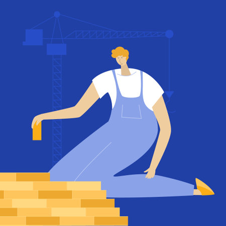 The builder rebuilds Ukrainian city, puts up a wall of bricks. He to do hard work, build and renovation UA house. SUPPORT UKRAINE, NO WAR.のイラスト素材