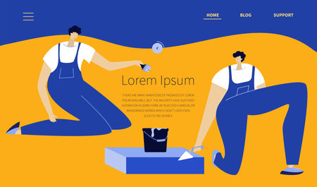 The web landing page with mans, builders in uniform paint with a brush and make a wall. They restoration and renovation Ukrainian city. SUPPORT UKRAINE, NO WAR.のイラスト素材