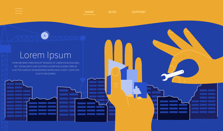 The web landing page with HANDS of man, builder holds a new city. Restoration and renovation Ukrainian city. SUPPORT UKRAINE, NO WAR.のイラスト素材