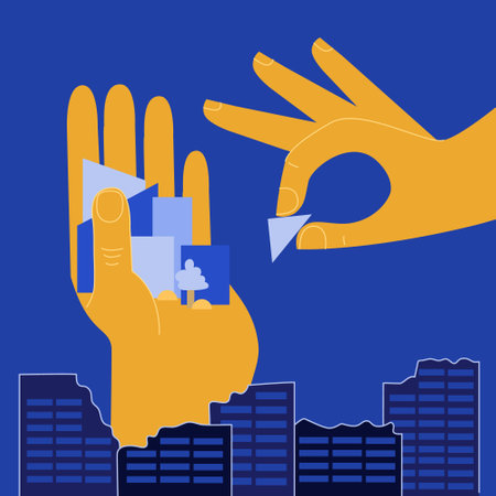 The concept art with HANDS of a builder hold NEW city . They rebuild Ukrainian city, build and renovation UA house, and restoration building. SUPPORT UKRAINE, NO WAR.のイラスト素材