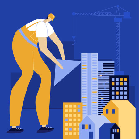 The builder rebuilds Ukrainian city. He strong man in robe and helmet, to do hard work. He hold the construction materials. SUPPORT UKRAINE, NO WAR.のイラスト素材