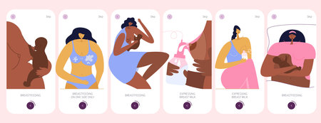 The UI UX design apps with new moms. Women has one sided breastfeeding. She pumping milk used breast pump. Mother breastfeeding newborn baby. They have got a lot of milk and good lactation.のイラスト素材