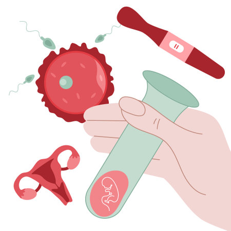 The vector with hands hold test-tube with embryo for artificial insemination. Set pregnancy elementas, womb, uterus, egg cell, sperm cell, and positive test. Illustration good for poster medical clinic.のイラスト素材