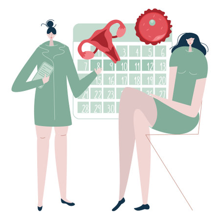 The doctor, gynecologist helps to planning pregnancy or PMS. Woman has cycle, ovulation and menstrual period. Illustration good for medical clinic poster or UI UX design apps.のイラスト素材