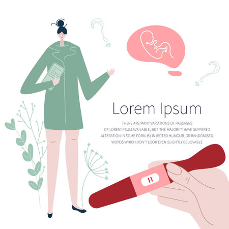 The doctor, gynecologist helps to planning pregnancy, have baby and become parents. Illustration with hand holds pregnancy positive test. Good for medical clinic poster or UI UX design apps.のイラスト素材