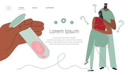 The African - american couple planning pregnancy. They want to have baby and become parents. Hand hold test-tube with embryo for artificial insemination. Illustration good for medical clinic web landing page.のイラスト素材