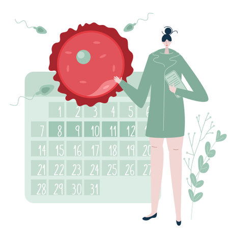 The doctor, gynecologist helps to planning pregnancy, have baby and become parents. Illustration with calendar, egg cell and sperm cell good for medical clinic poster or UI UX design apps.のイラスト素材