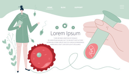 doctor, gynecologist planning pregnancy, artificial insemination, cycle, ovulation and menstrual period PMS. Hand hold test-tube with embryo. Illustration good for medical clinic web landing page.のイラスト素材