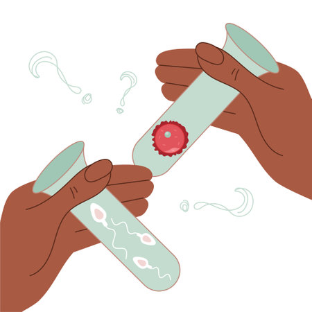 Hands hold test-tube with sperm cell and egg cell for artificial insemination. Illustration good for poster medical clinic.のイラスト素材