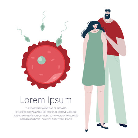 The couple, man and woman want to have baby and become parents. They planning pregnancy. Illustration with egg cell and sperm cell good for medical clinic poster or UI UX design apps.のイラスト素材