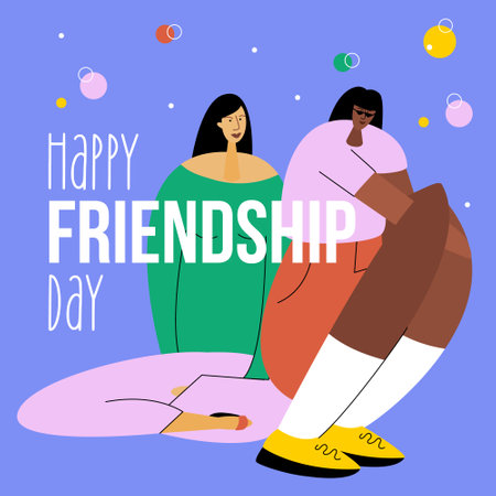 The couple of girls, girlfriends, BFF teenagers or women and phrase HAPPY FRIENDSHIP DAY. They are fun and celebration HAPPY DAY. The vector illustration good for posters, web site or UI UX design.のイラスト素材