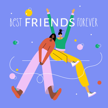 The couple girls, girlfriends, teenagers or women and phrase BEST FRIENDS FOREVER. They are fun and celebration holiday. The vector illustration good for posters or UI UX design.のイラスト素材