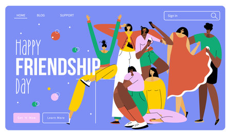 The group of people, friends, teenagers on the party with phrase HAPPY FRIENDSHIP DAY. They are fun and celebration BEST FRIENDS DAY. The vector illustration good for landing page web site or UI UX design.のイラスト素材