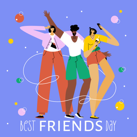 The group of people, woman, girls and African American man take a selfie. They celebrations happy national best friends day. The Illustration good for poster or UI UX design.のイラスト素材