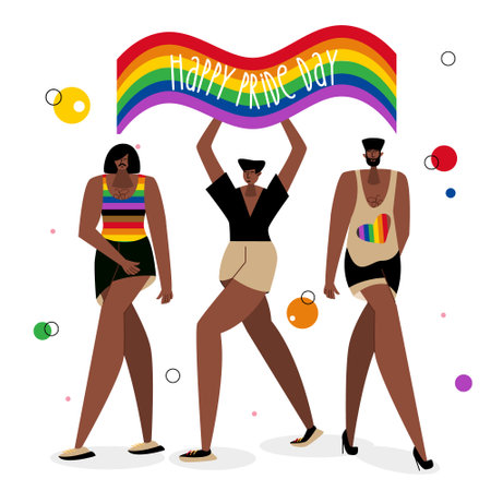The LGBTQ mans, African American group transgender persons with rainbow flag and phrase HAPPY PRIDE DAY. They celebration pride day, LGBT parade. The Illustration good for poster or UI UX design or stories.のイラスト素材