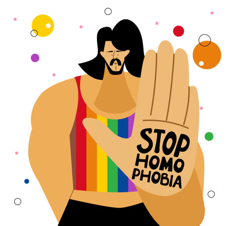 The LGBTQ man hold a hand with lettering STOP HOMOPHOBIA. He celebration pride day, month, LGBT parade. The Illustration good for poster or UI UX design or stories.のイラスト素材