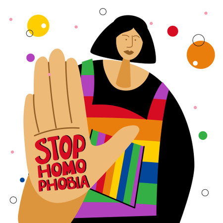 The LGBTQ girl, woman, lesbian, hold a hand with lettering STOP HOMOPHOBIA. She celebration pride month, LGBT parade. The Illustration good for poster or UI UX design or stories.のイラスト素材