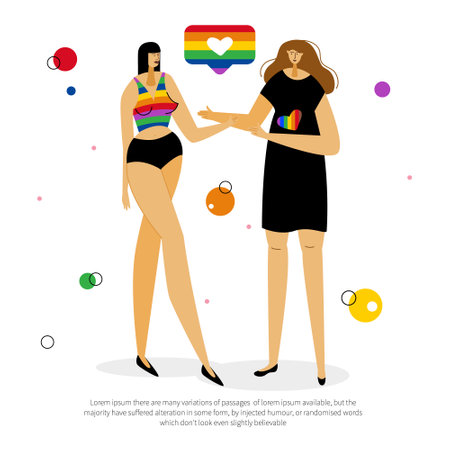 The LGBTQ womans couple Ñelebration pride month, LGBT parade. The Illustration good for web landing page, UI UX website design or stories.のイラスト素材
