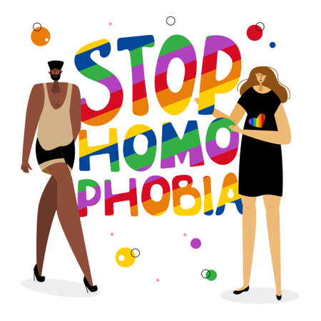 The LGBTQ couple, african american man and woman near phrase, rainbow lettering STOP HOMOPHOBIA. The celebration pride day, LGBT parade. The Illustration good for poster or UI UX design or stories.のイラスト素材