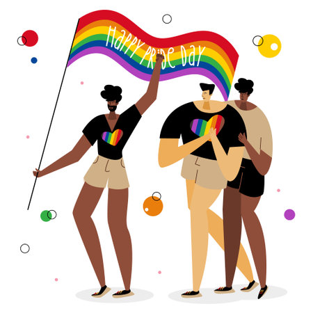 The LGBTQ mans, group male of transgender or homosexual persons with rainbow flag and phrase HAPPY PRIDE DAY. They celebration pride day, LGBT parade. The Illustration good for poster or UI UX design or stories.のイラスト素材