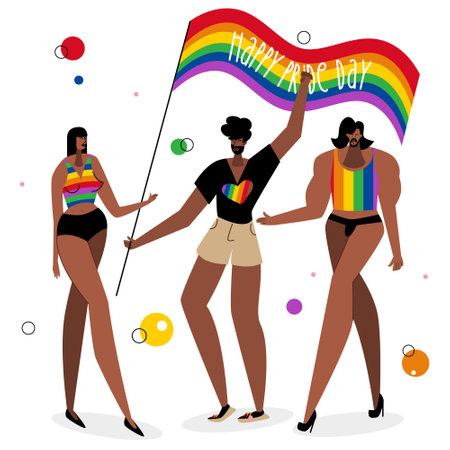 The LGBTQ group african american man and woman celebration pride day, LGBT parade. The have got rainbow flag. The Illustration good for poster or UI UX design or stories.のイラスト素材