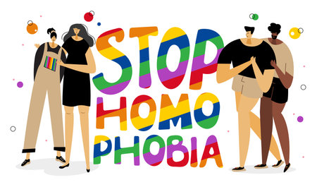 The LGBTQ group, woman and man and rainbow lettering STOP HOMOPHOBIA .They celebrations international PRIDE DAY, LGBT parade. The Illustration good for poster or UI UX design.のイラスト素材