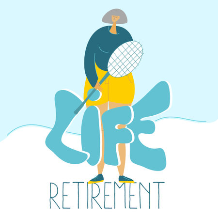 The happy elderly woman, silver senior with tennis racket and lettering LIFE retirement. The wellness old woman want to play in tennis and has got golden years. Vector illustration with good for post card, poster, web site other design.のイラスト素材