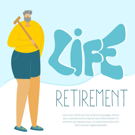 The happy elderly man, silver character, senior holds the wooden croquet set, hammer and bal. Illustration with lettering Retirement LIFE. The wellness old man have got golden years.のイラスト素材