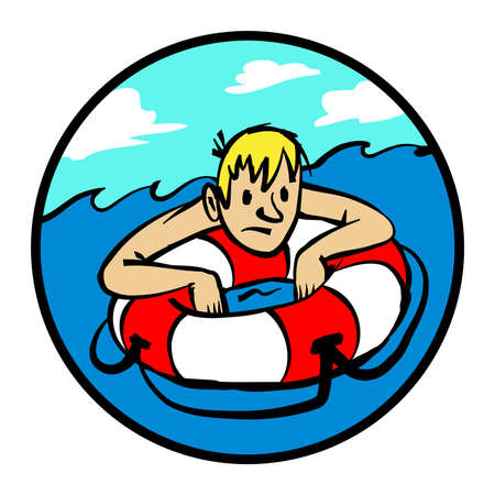 Man clinging to life preserver cartoon vector illustrationのイラスト素材