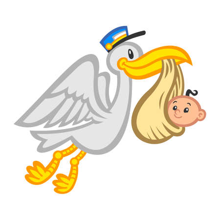 Cartoon Flying Stork Bird Delivering A Babyのイラスト素材